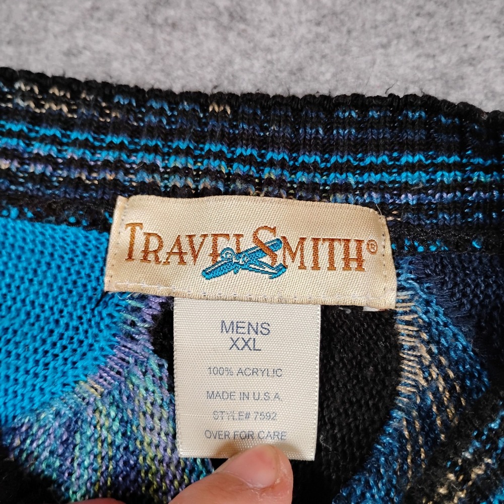TravelSmith Mens XXL Blue Black 3D Textured Knit Sweater Made in USA - Picture 2 of 10